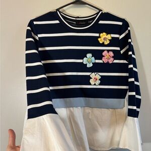 Striped Navy and White Half Sweater Top with Embroidered Sequin Flowers